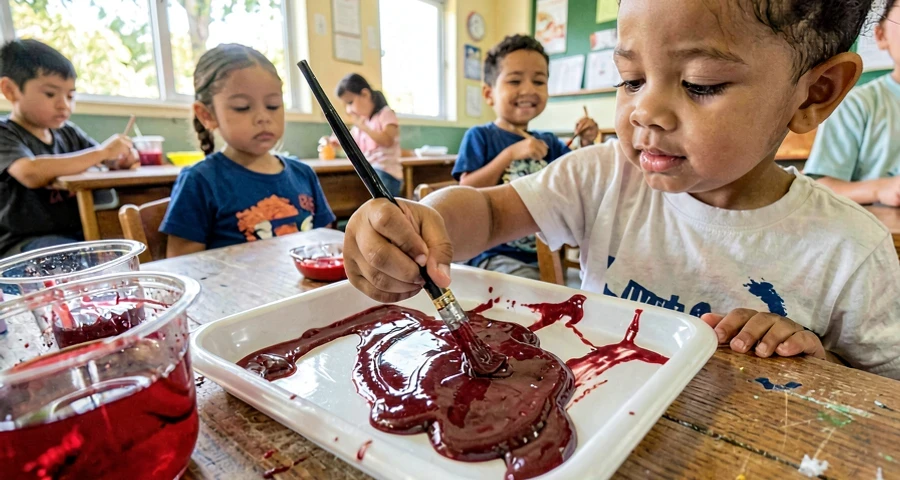 mão de bebê pintando com tinta natural de beterraba em atividade sensorial
