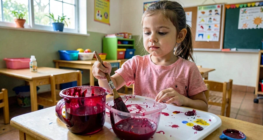 tigela com tinta natural de beterraba usada em atividade de pintura na creche