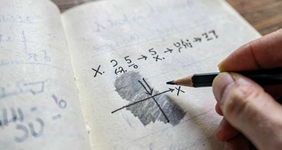 caderno com problema de medição de sombra sendo resolvido por proporção