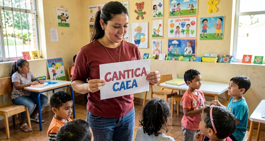 educadora mostrando cartaz de palavra durante atividade de cantiga na creche
