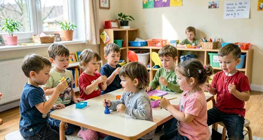 crianças da pré-escola dramatizando gestos de profissões durante atividade em grupo
