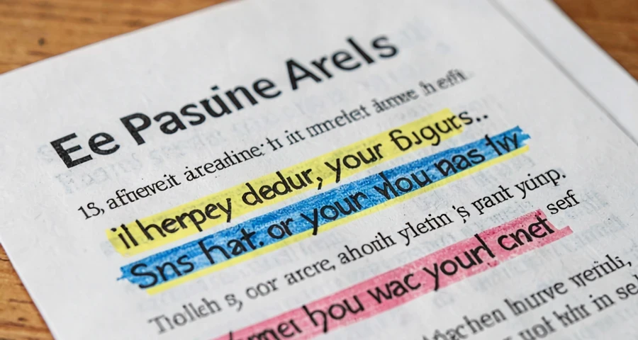 anúncio em inglês impresso com palavras persuasivas sublinhadas em marca-texto