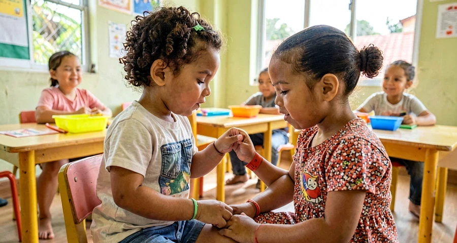 criança da creche tocando o joelho durante brincadeira de partes do corpo