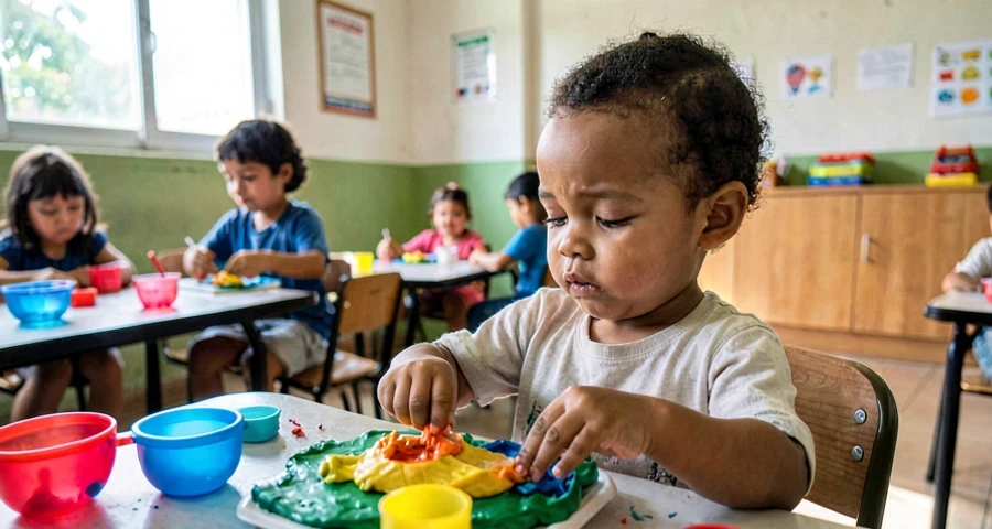 bebê tocando massa de modelar colorida durante atividade sensorial
