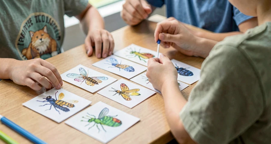 crianças organizando cartões da metamorfose em sequência correta na pré-escola