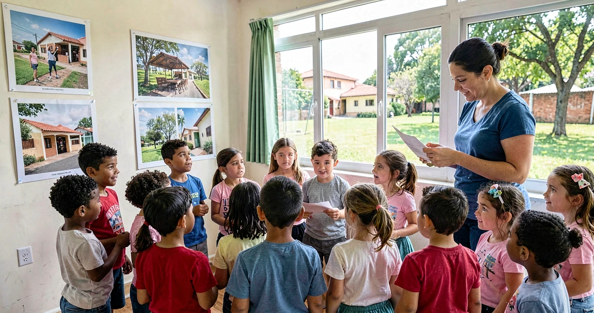 plano de aula bairro da escola: crianças da pré-escola conversando sobre lugares do bairro