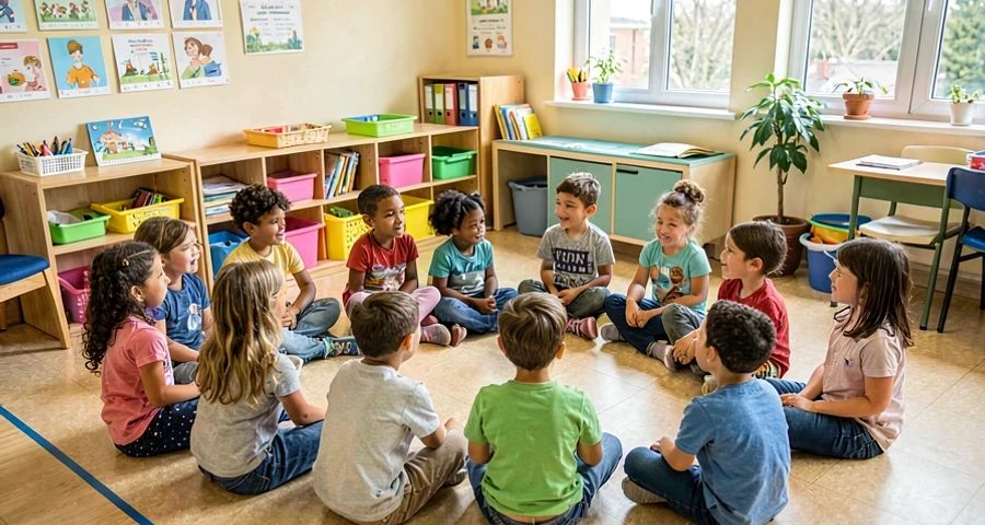 crianças da pré-escola compartilhando observações sobre o próprio bairro em roda