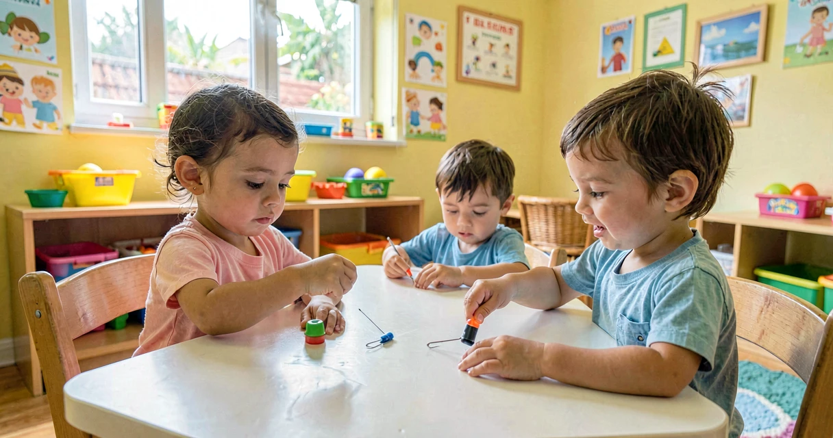 plano de aula até onde o ímã puxa: crianças da creche testando alcance de ímã