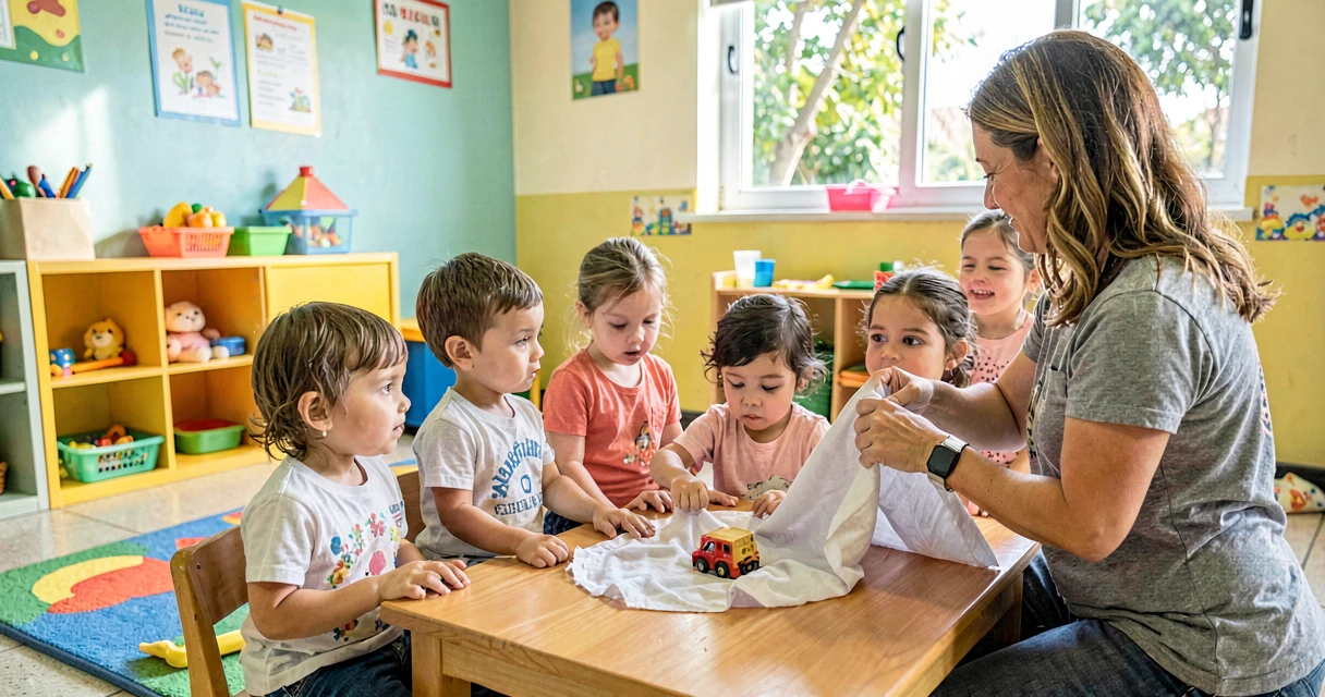 plano de aula o que sumiu debaixo do pano: crianças da creche observando objeto sendo coberto