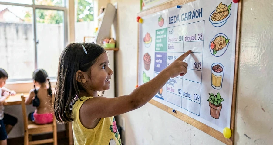 criança da creche apontando alimento em cartaz de cardápio ilustrado
