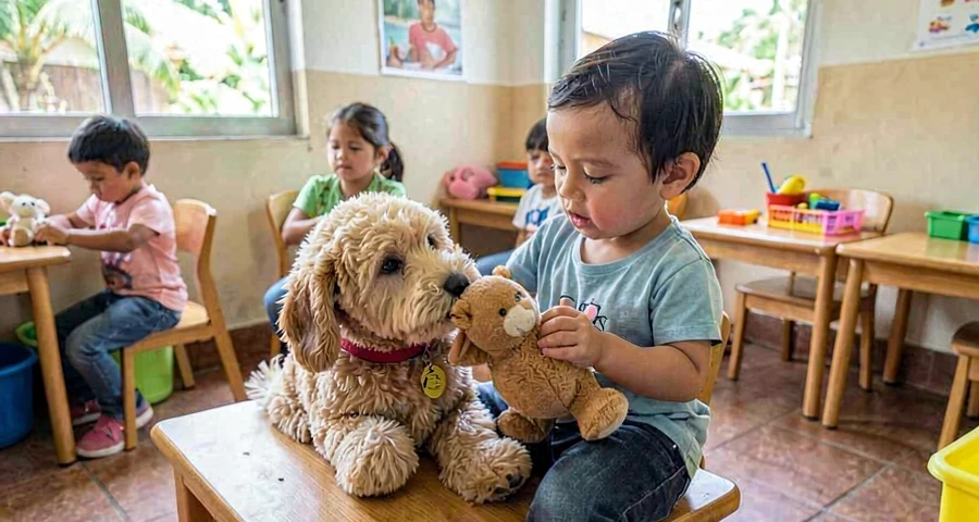 bebê tocando pelúcia de cachorro durante atividade sobre animais na creche