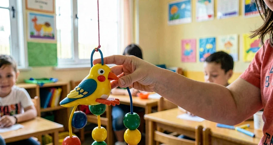 Atividade exploração sensorial: mão de bebê tocando móbile de pássaro em sala de creche