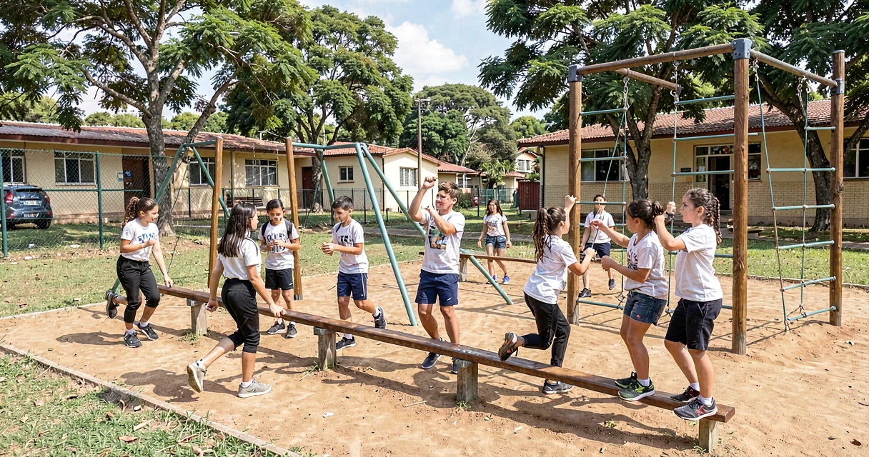 plano de aula práticas de aventura: alunos do 9º ano em circuito de obstáculos ao ar livre