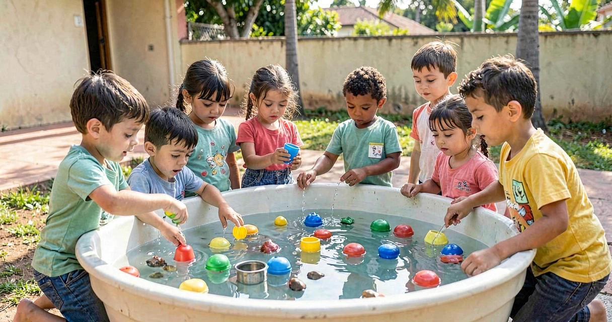 plano de aula boia ou afunda: crianças da pré-escola testando objetos em bacia de água