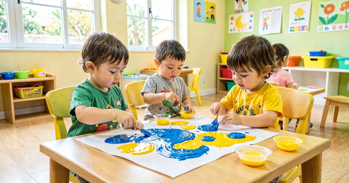 plano de aula descobrindo novas cores: crianças da creche misturando tinta azul e amarela