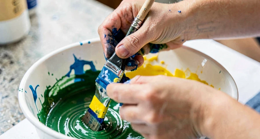 mãos de criança misturando tintas coloridas em atividade artística na creche