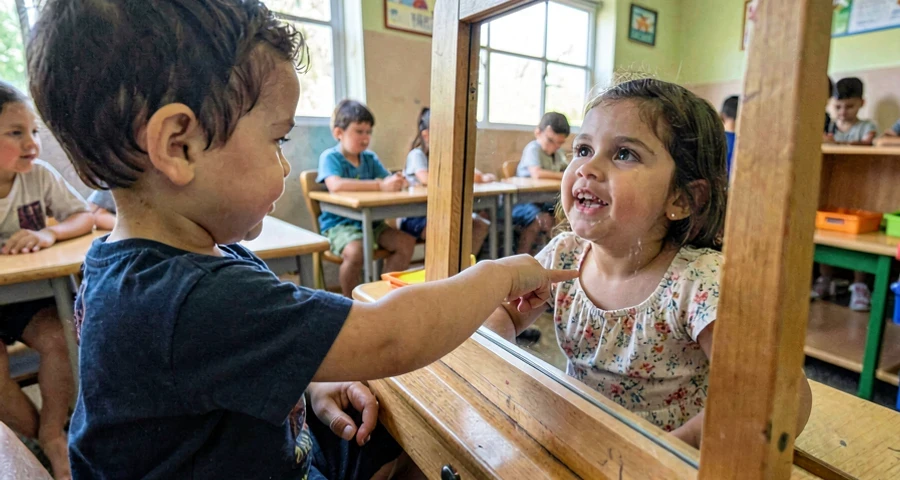 mão de bebê tocando espelho durante atividade de autopercepção na creche