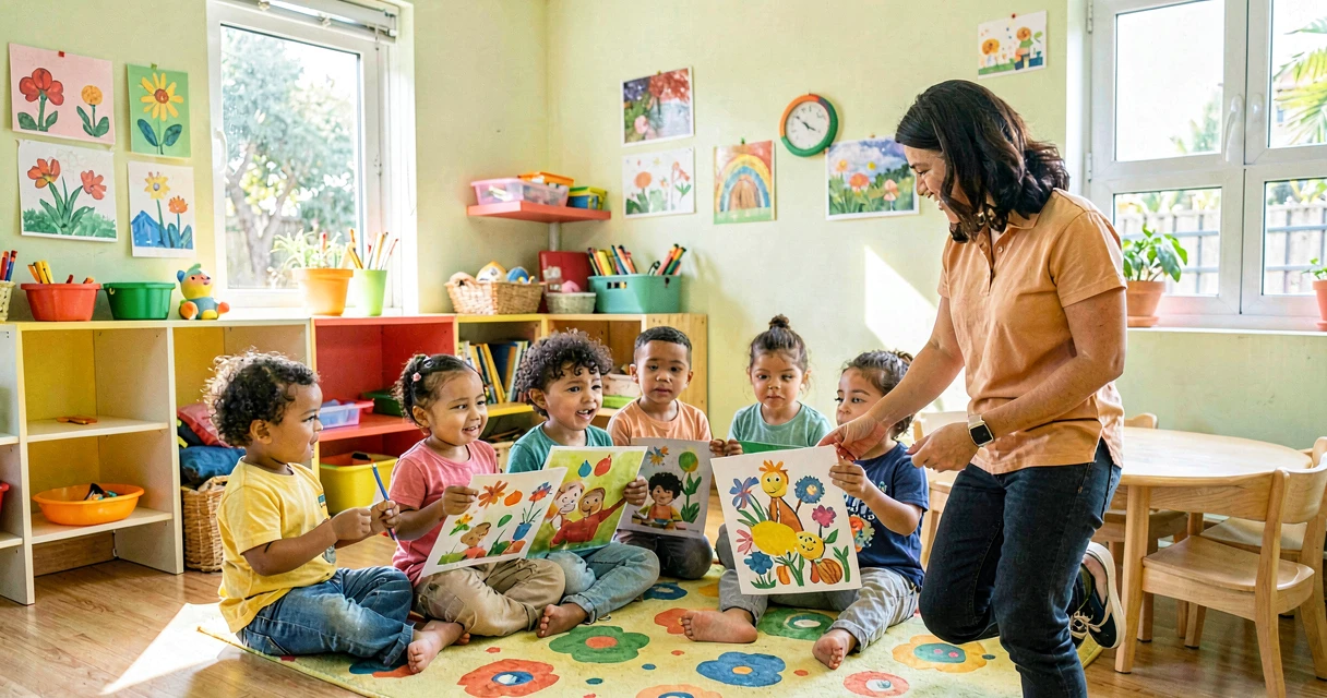 plano de aula conhecendo Henri Matisse: crianças da creche observando obras de arte coloridas