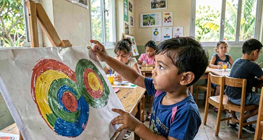 criança da creche apontando para obra de arte colorida durante atividade cultural