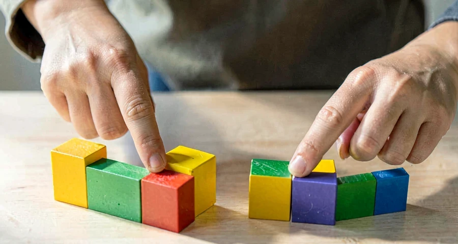 criança da creche comparando quantidades de blocos em atividade matemática na creche