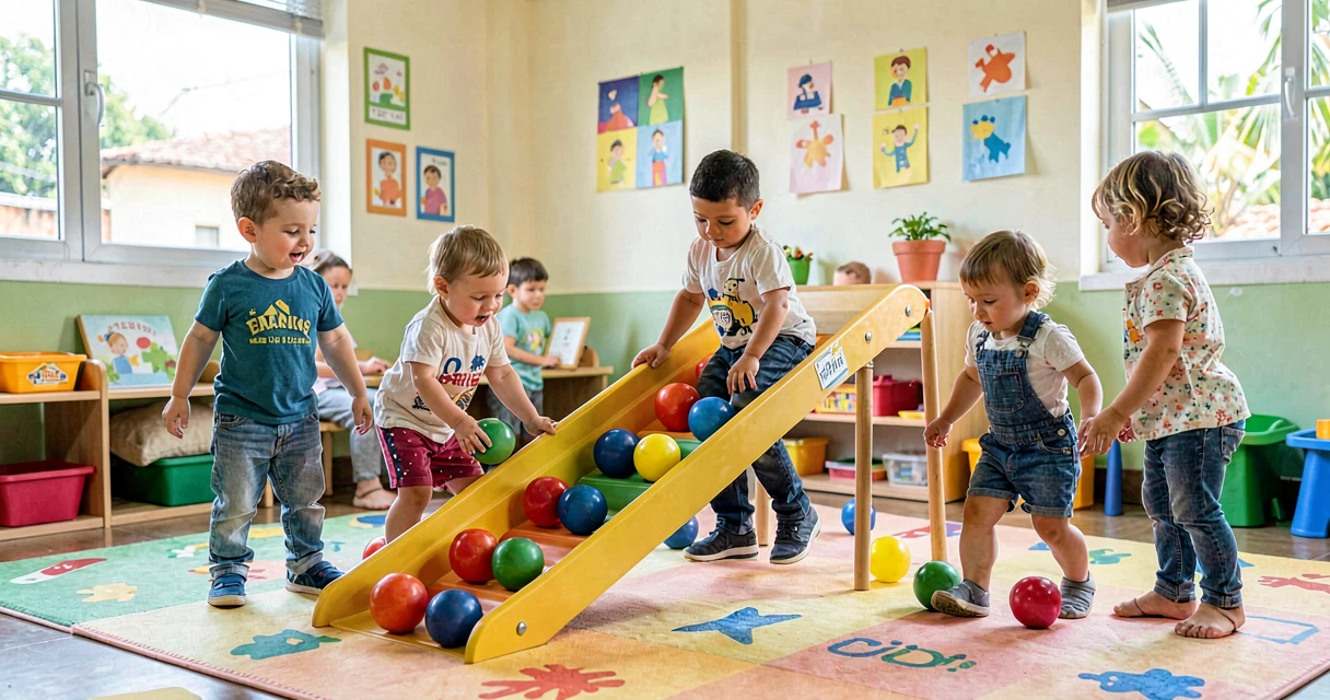 plano de aula a bola na rampa: crianças da creche soltando bolas em rampa inclinada