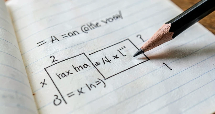 caderno de aluno com problema de terreno retangular traduzido em equação do 2º grau