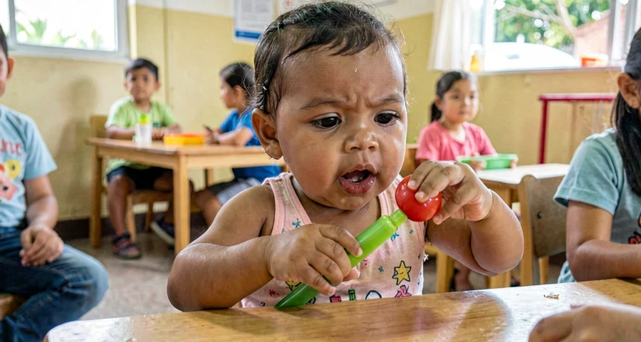Bebê explorando sons: detalhe de mão tocando objeto sonoro seguro durante atividade sensorial em creche