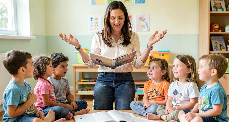 educadora lendo poema com gestos expressivos para crianças da pré-escola