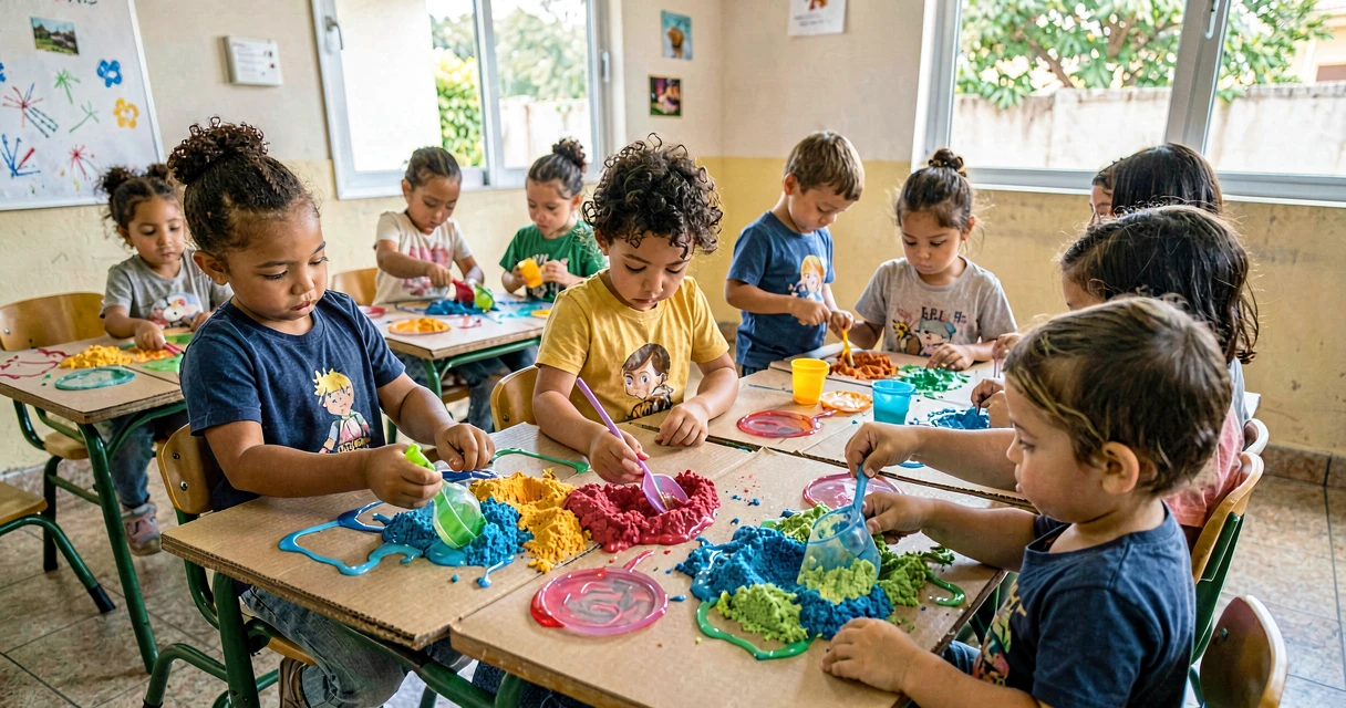 plano de aula desenho com areia: crianças da pré-escola aplicando areia colorida sobre desenho de cola