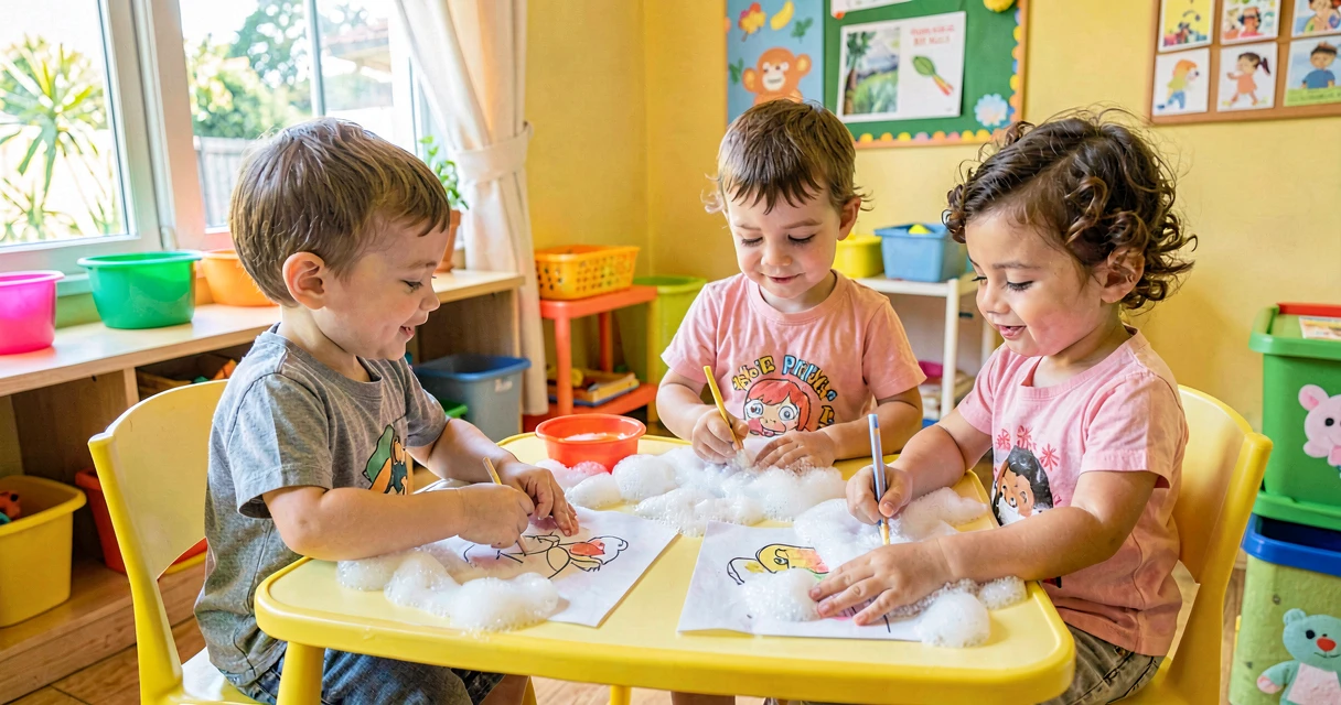 plano de aula desenhando na espuma: crianças da creche criando traços em espuma de barbear