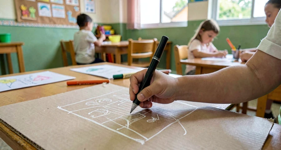 mão de bebê riscando giz de cera sobre papelão em atividade gráfica na creche