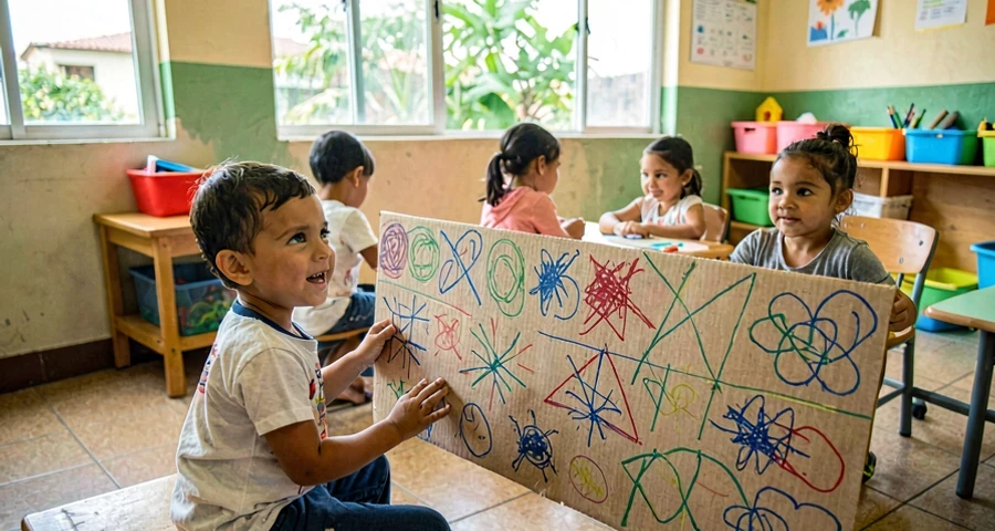 papelão coberto de marcas coloridas feitas por bebês na creche