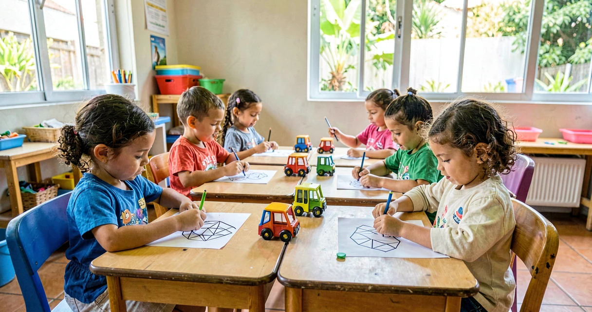 plano de aula máquinas geométricas: crianças da pré-escola desenhando máquinas com formas geométricas
