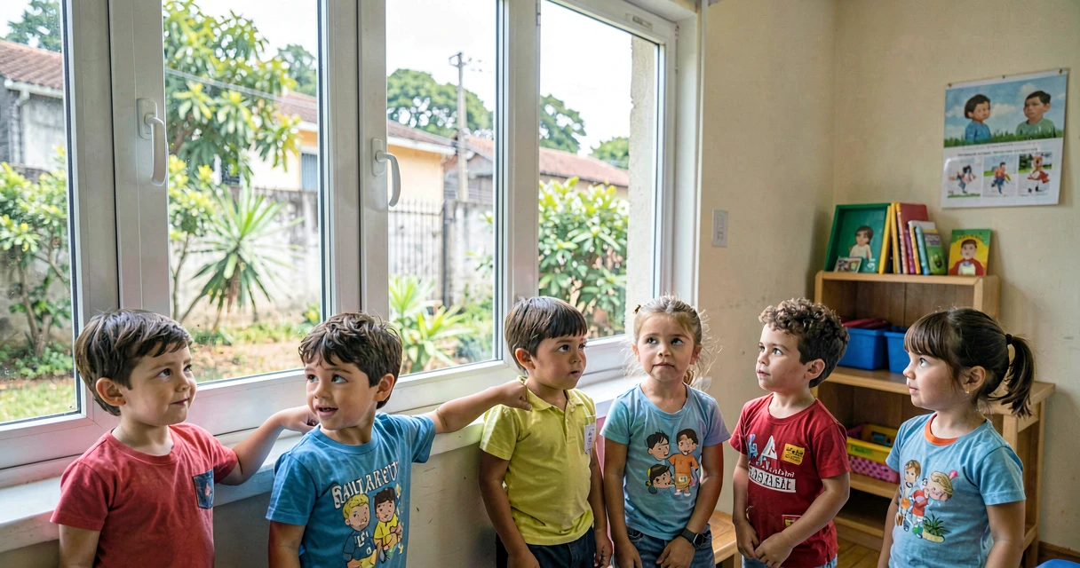 plano de aula tamanho e distância: crianças da pré-escola observando objetos próximos e distantes