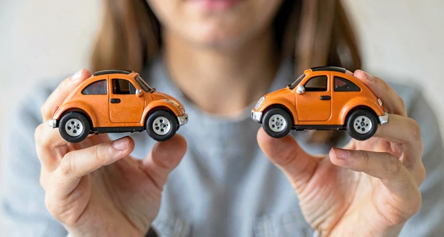 dois brinquedos idênticos em distâncias diferentes demonstrando tamanho aparente