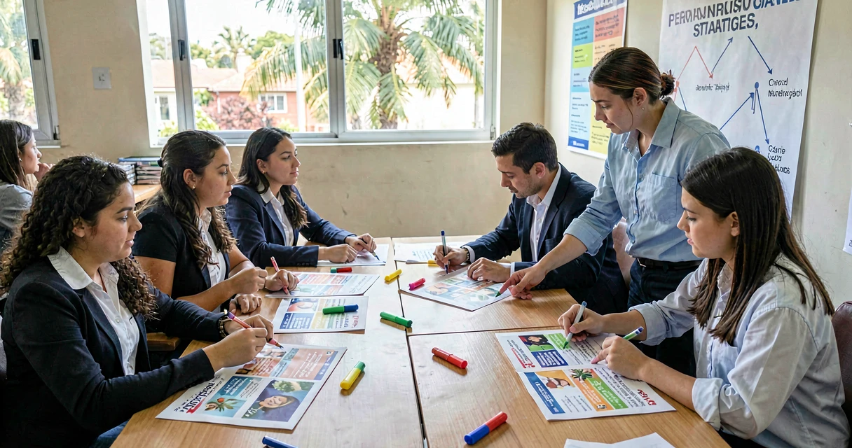 plano de aula estratégias de persuasão: alunos do 9º ano analisando propagandas impressas
