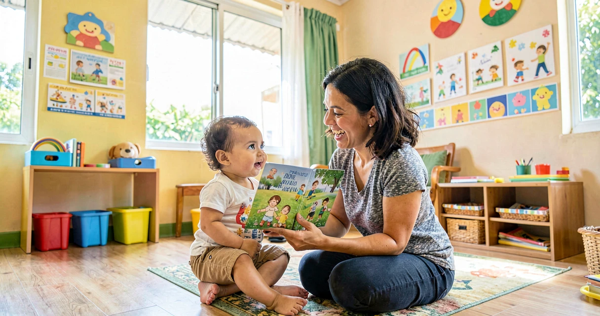 plano de aula despertando curiosidade: educadora mostrando livro colorido para bebê