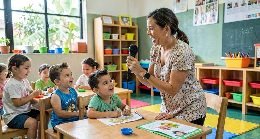 educadora cantando cantiga suave para bebê durante atividade na creche