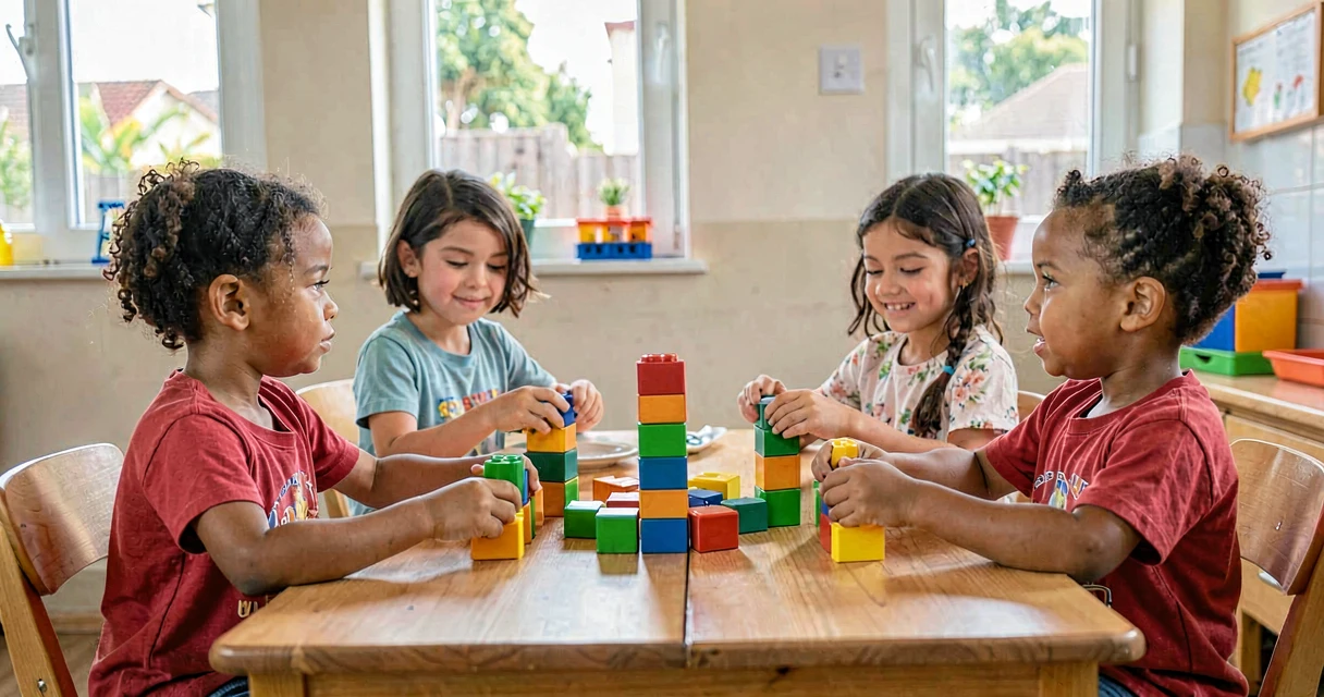 plano de aula empilhando blocos: crianças da pré-escola construindo pilhas de blocos em dupla