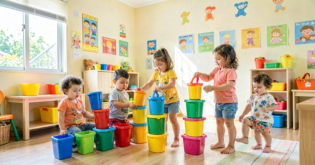 plano de aula empilhando potes por tamanho: crianças da creche organizando potes em sequência