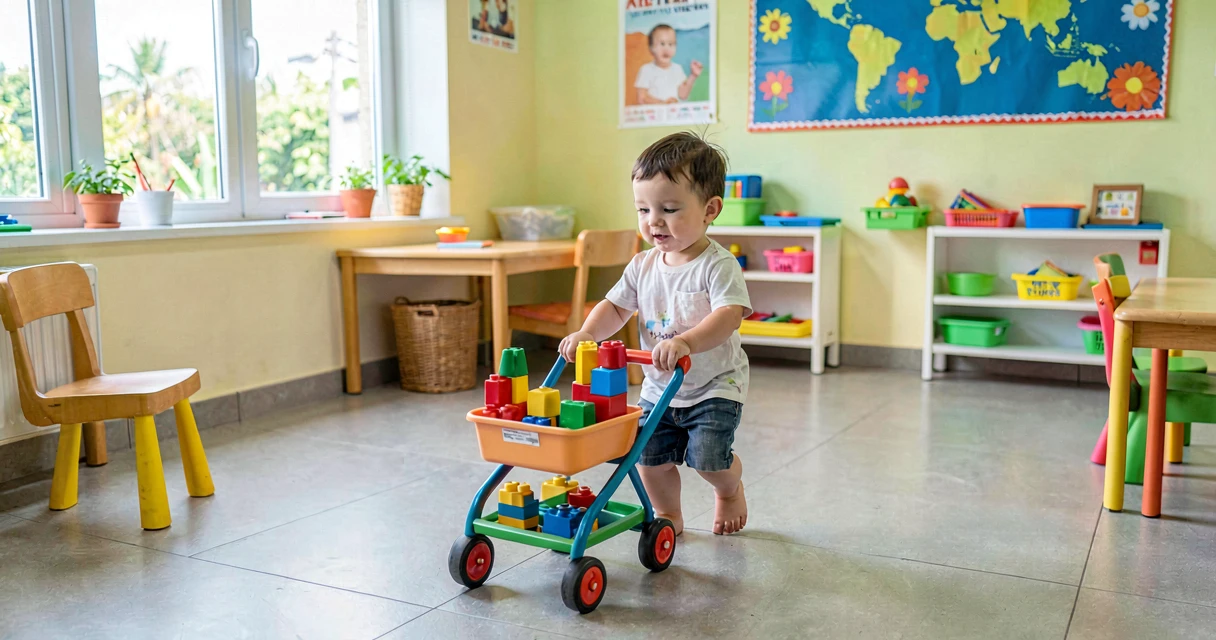 plano de aula empurrando o carrinho: criança da creche empurrando carrinho carregado com blocos