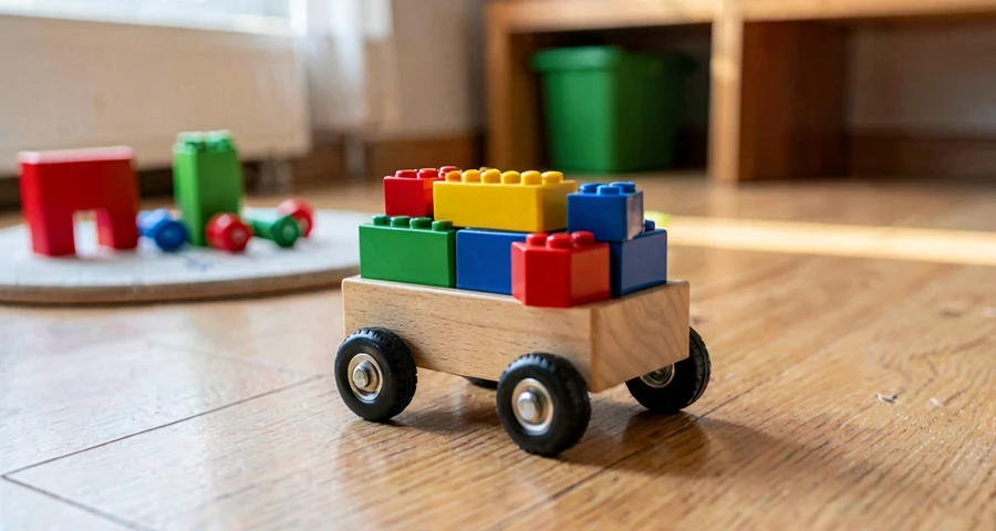 carrinho carregado com blocos usado em atividade motora na creche