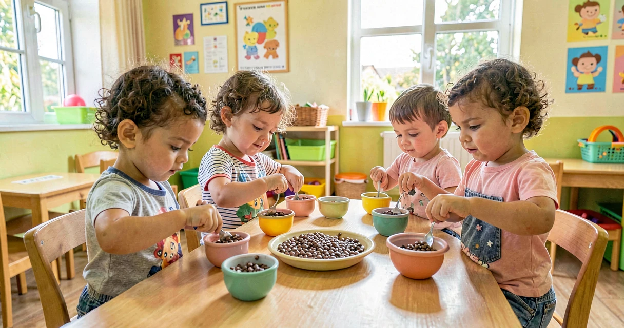 plano de aula enchendo potes com colheradas: crianças da creche contando colheradas de grãos