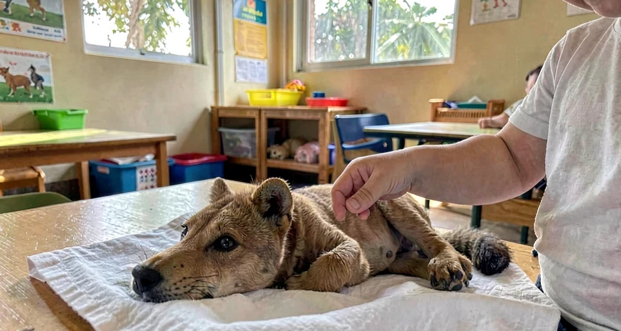 mão de bebê revelando boneco de animal escondido sob pano na creche