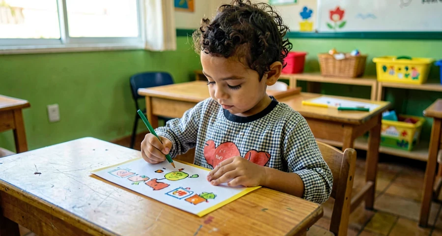 criança da creche desenhando cartão para jogo da memória próprio