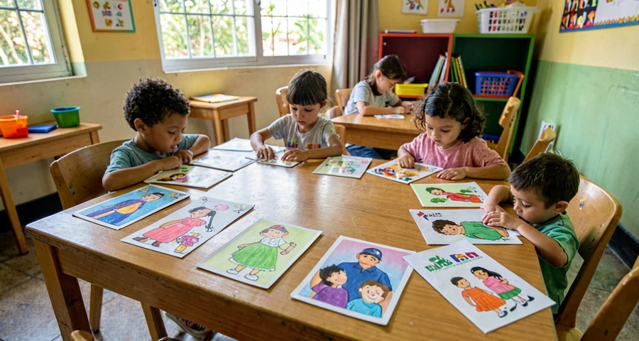 cartões de jogo da memória desenhados por crianças dispostos na creche