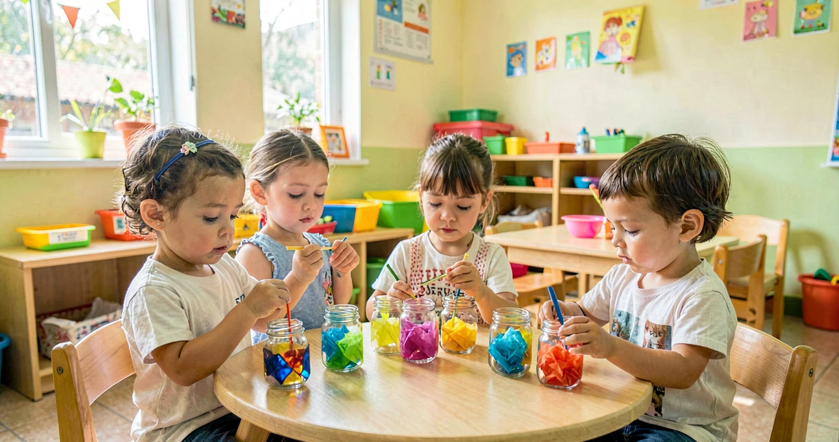 plano de aula potinho de vitral: crianças da creche decorando potinho com papel de seda colorido