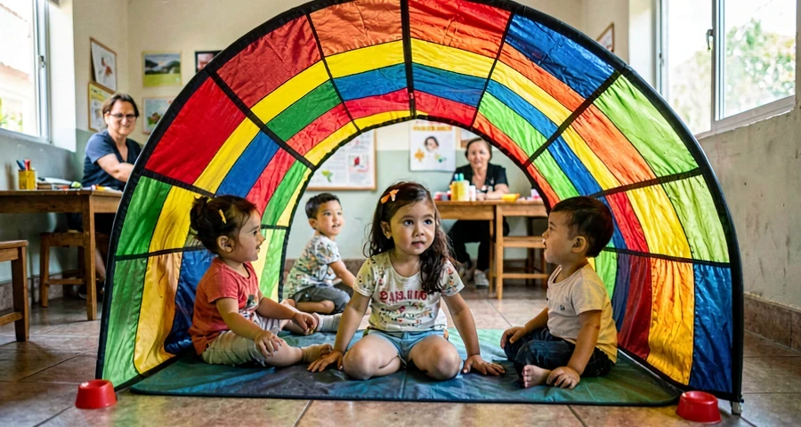 túnel de tecido colorido usado em atividade motora de bebês na creche