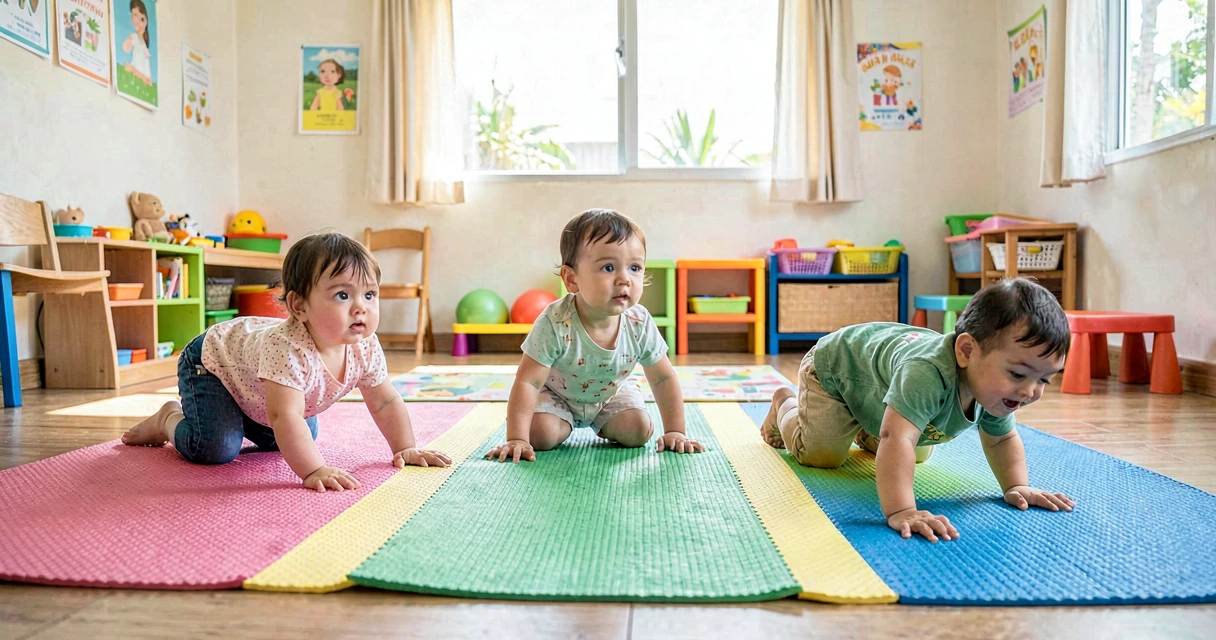plano de aula percurso de texturas: bebês da creche engatinhando sobre tapetes variados