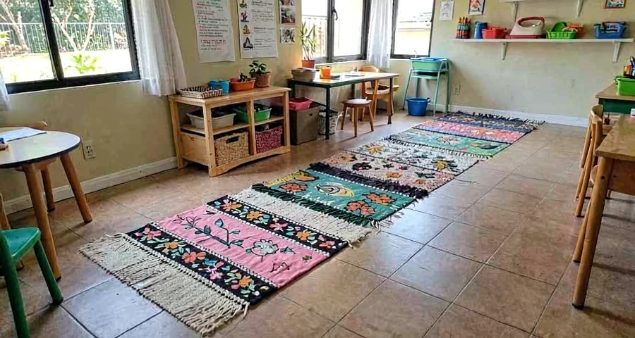 tapetes de texturas variadas dispostos em percurso sensorial na creche